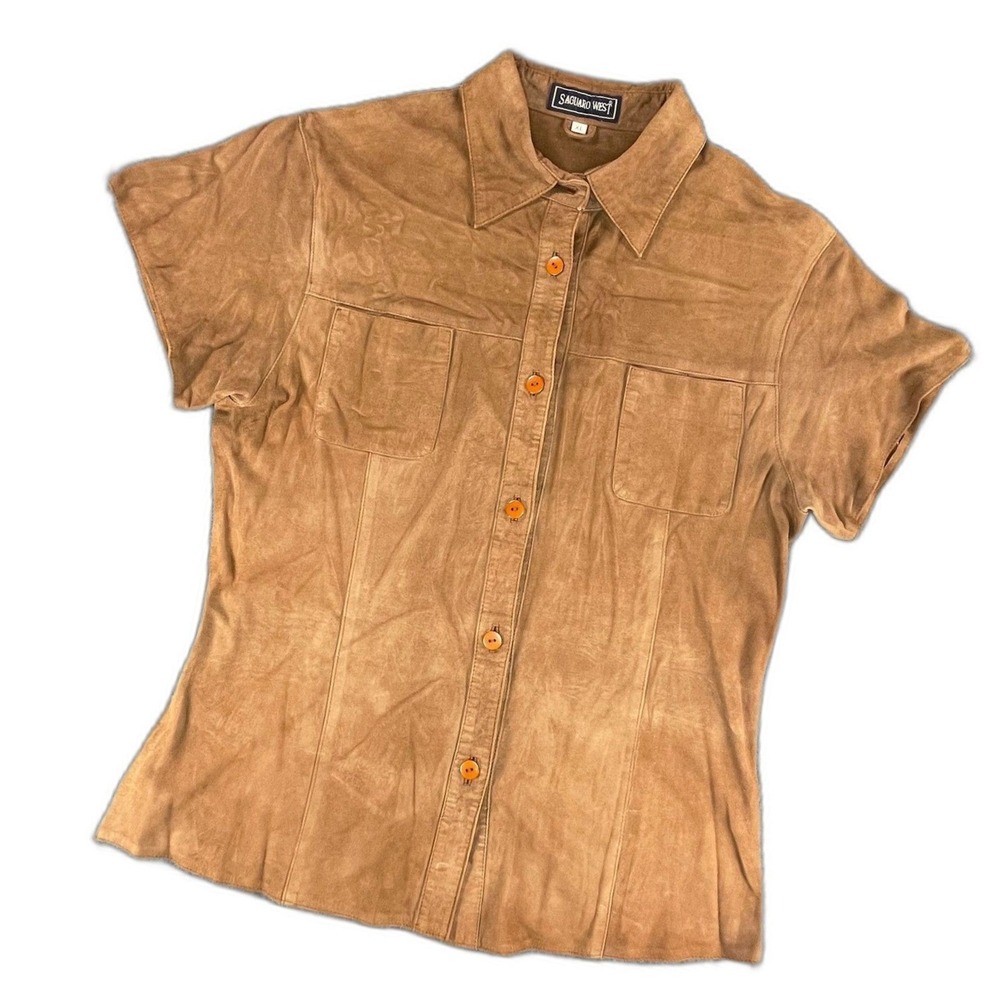 Saguaro West Suede Leather Top XL Camel Tan Western Coastal Short Sleeve Shirt